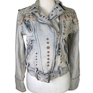 BlancNYC Size XS Denim Jean Jacket Boho Moto Embellished Embroidered Mirrors Tas